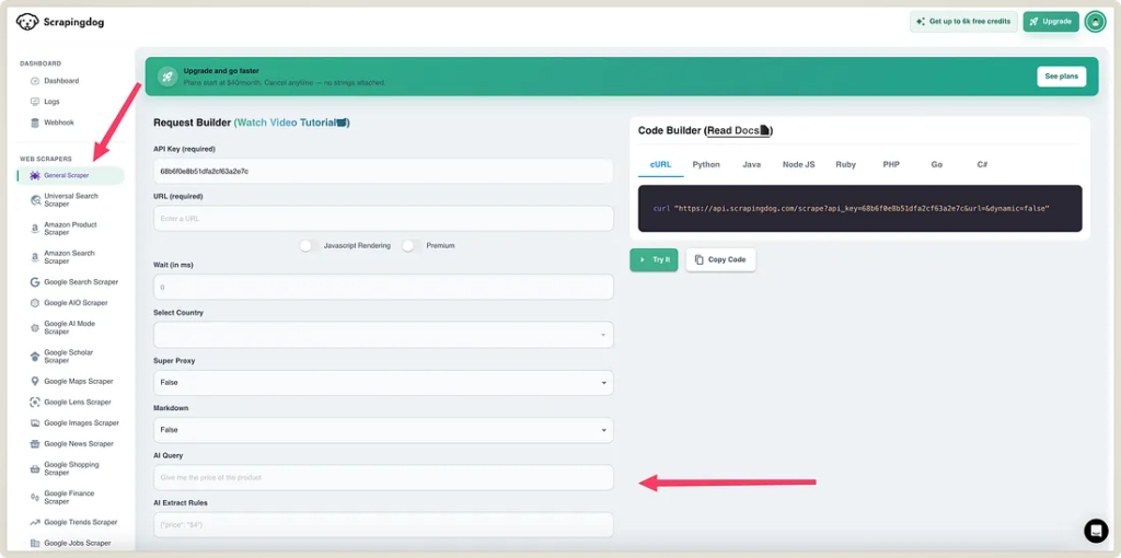 Scrapingdog dashboard