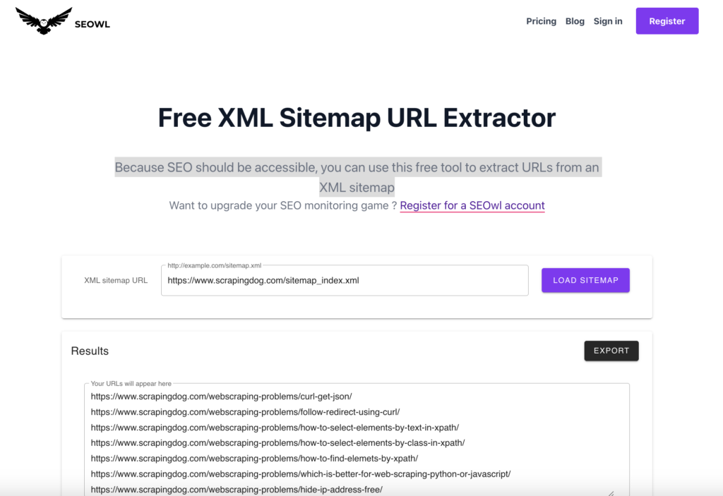 seowl sitemap extractor for finding urls