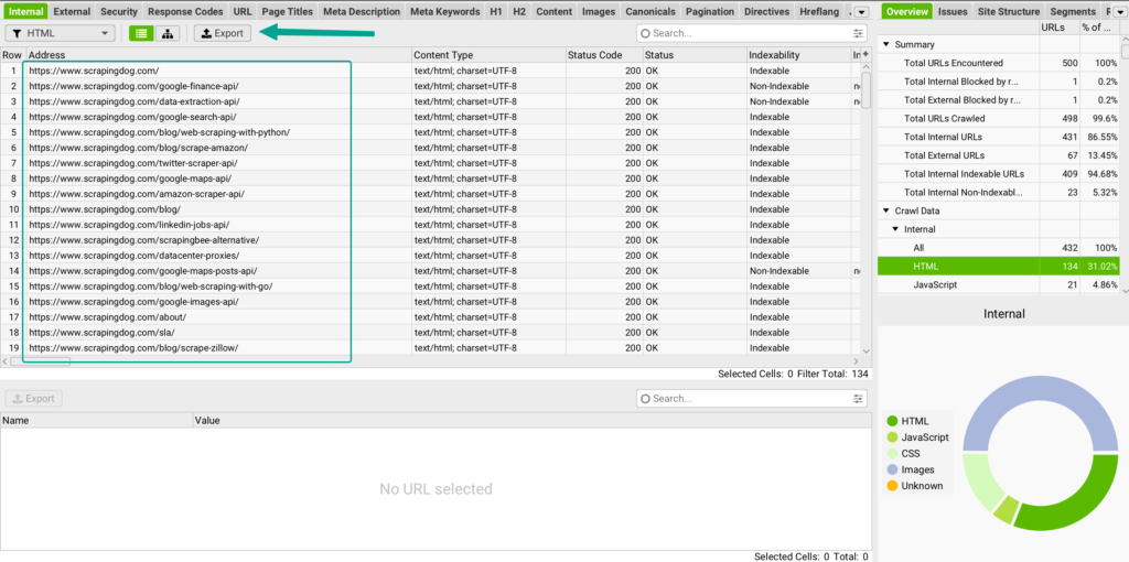 Screaming frog screen