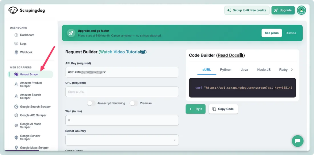 General Scraper on Scrapingdog Dashboard