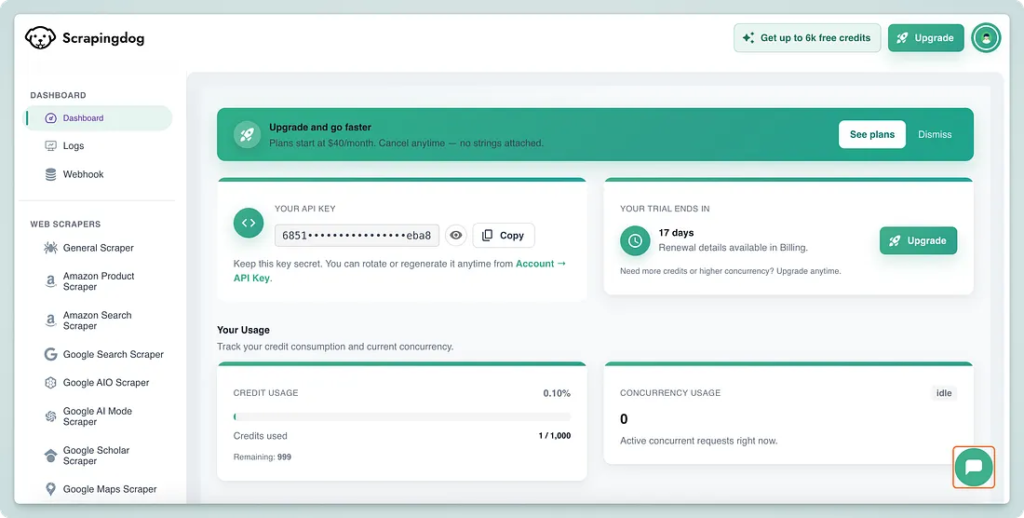 Scrapingdog dashbaord